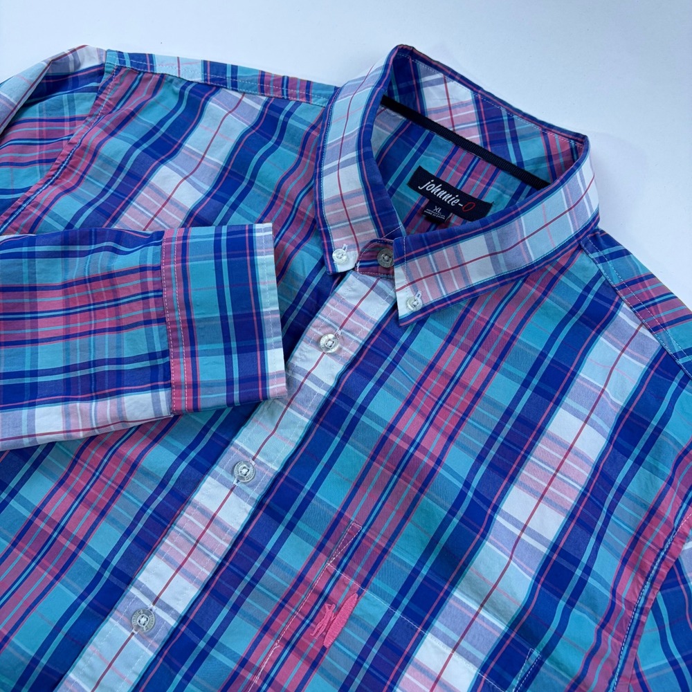 Johnnie-O Plaid Button Down Shirt Mens XL Blue Pink Long Sleeve Surfer Logo